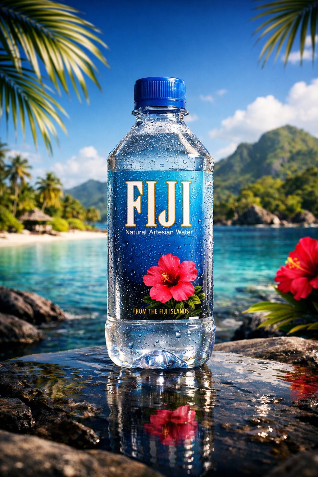 FIJI water bottle on tropical shoreline