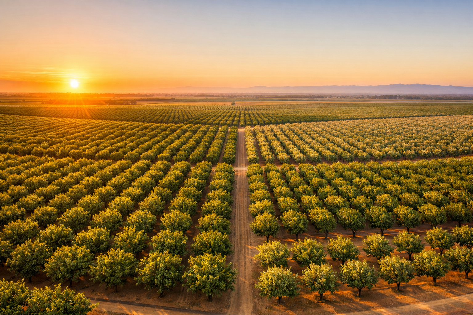 Aerial view of orchard operations at sunrise